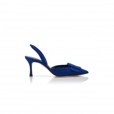 MANOLO BLAHNIK MAYSLI BLUE SUEDE BUCKLE DETAIL SLINGBACK PUMPS 219-0182-0035